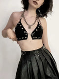 Dark Eyelet Mall Gothic Women Sexy Halter Tops Grunge E-girl Chain Strap Backless Camis Punk Black Pin Patchwork Crop