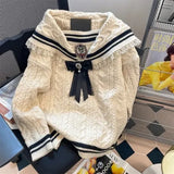 Winter Preppy Style JK Knitted Sweaters Women Sweet Lace Sailor Collar Bow Pullovers Retro Y2k Thickened Warm Jumper Coat-Outfit