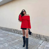 Fongt Women's Clothing INS Burst Temperament Simple Word Shoulder Long-Sleeved Sweater Top Loose
