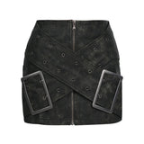 Fongt Spring New Personalized Super Large Metal Buckle Cross Retro Washing Pu Leather Skirt 1670