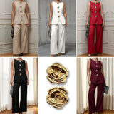 Fongt Women's Fashion Gold Buttoned Vest Trousers Two-Piece Casual Suit Women