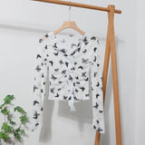Pink V-Neck Velvet Bow Single Buckle Buckle Coat On The Head Short Long-Sleeved Mesh T-Shirt