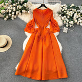 Fongt Court Dress Female Design Tuxedo V Collar Long Three House Press Folding Horn Sleeve Dress Woman