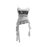 Fongt Shooting Lace Sling Vest Irregular Ribbon Hot Wear Print Short-Sleeved Top 1193