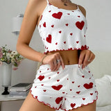 Summer New 2024 Knitted Pit Strip Love Print Design Sweet Sling Shorts Pure Pyjamas