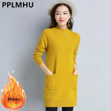 Mid-length Plus Velvet Bottoming Sweaters Women's Thicken Soft Long Knitted Tops Mock Neck Slim Warm Pullovers With