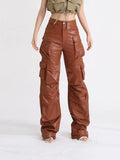 Australian Temperament High-Waisted Casual Leather Pants 2025 Summer New Fashion Design Style Interface Bag Loose Worker Pants