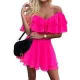 Fongt Spot 2023 Summer New One-Word Shoulder Sleeveless Flounce Sexy Mini Chiffon Dress-Outfit