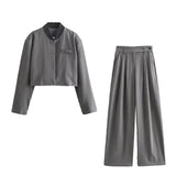 Fongt New Women's Loose Casual Long-Sleeved Striped Jacket Top High Waist Wide Leg Trousers Set