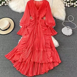 Fongt Fairy Seaside Holiday Chiffon Dress Female Lotus Lace V Collar Temperament Folded Waist Thin Swing Dress