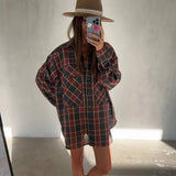 Fongt Women's Wear 2023 Fall New Vintage Plaid Shirt Boyfriend Wind Long Loose Shirt Coat-Outfit