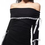 Black Long Sleeve Off-shoulder Bow Mini Dress-Outfit