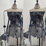 Fongt Old-Fashioned Green Shoulder Horn Sleeve Blouse Dye Net Yarn Lace Draw Rope Short T-Shirt 8010