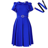 Fongt Women's Short-Sleeved Doll Collar Solid Color Short-Sleeved Lotus Leaf Side High-Waisted Dress