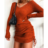 Fongt Knitted Sweater V Collar Long Sleeve Autumn And Winter Sexy Body Threaded Skirt Folding Drawstring Skirt