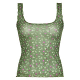 Square Collar Hot Girl Pure Desire Green Net Broken Flower Folded Through Sling Vest Perspective Dense Edge Sweet Spicy Wind Blouse-Outfit