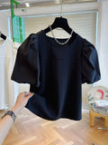 New T-Shirts Causal O-neck Patchwork Puff Sleeve Shirts for Women Chic Korean Sweet