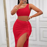 Fongt Women's Wear 2024 Summer Casual Solid Color Diagonal Collar Dress Slit Suit-Outfit