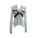 Fongt Shooting Babes V-Neck Lace Lace Splicing Belt Long Sleeve Design Irregular Short Bottom Top 2752