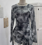 Fongt Print Double-Layer Mesh Long-Sleeved Top Design Feel Irregular Ribbon-Up T-Shirt 99981