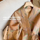 Chinese Style Printing V-Tie Spliced Coat Women's Spring And Autumn Retro Advanced Sense Improved Tang Coat-Outfit