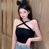 Women Solid Halte Tank Tops Slim Sexy Exposure Navel Camisole-Outfit
