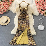 Elegant Temperament Leopard Sexy Female Robe Spaghetti Strap High Slim Waist Split Vestidos Women Party Summer