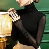 Winter Mesh T Shirts Women's Solid Turtleneck Full Sleeve Slim Basic Tshirts Tees Female High Stretch Undershirts-Outfit