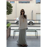 Fongt Wind A Set Of Letter-Print White Long-Sleeved T-Shirt Micro-Permeable Gray Light European Skirt