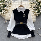 Fongt Style Advanced Sense Light Luxury Socialite Suit Female Autumn And Winter Pure Color Loose Long-Sleeved Shirt Sleeveless Knit Vest-Outfit