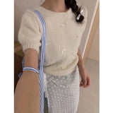 Fongt Chic Spring And Summer Little Bow Bow Short-Sleeved Collar Knitted Jersey Girl Spring Sweet Soft Foam Bubble Sleeve Top