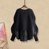 Solid Color Patchwork Knitted Jumpers Female Clothing Korean Loose Spring Autumn Casual All-match Long Sleeve Sweaters-Outfit