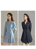 Notched Regular Full Sleeve Dress Elastic Waist Knee-Length Asymmetrical Dress Solid Office Lady Spring New