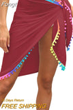 Women Beach Sarongs, Sexy Sheer Mesh Swimsuit Wrap Skirt Bikini Cover Up with Colorful Pompom Tassel Summer