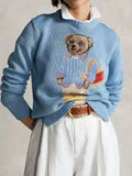 Fongt New Women's Bear Embroidered Retro Body Sweater College Style Knitted Shirt Top