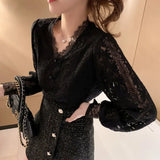 4XL New Lace Blouse Women Korean Hollow Out V Neck Long Sleeve Shirt Ladies Spring Crochet Lace Solid Tops Blusa