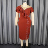 Fongt Round-Neck Nail Beaded Leaf-Side Dress Banquet Temperament High-Waisted Body-Body-Cuffed Dress Dress