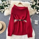 Fongt Fan High Sense Sweater 2024 Winter Belt Waist Versatile Shoulder Lapel Show Thin Chic Knit Top-Outfit