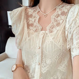 Summer V Neck Lace Shirt Fashion Short Sleeve Ruffle Stitching Sweet Women Tops with Suspenders Korean Crochet Blouse