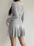 Lace Patchwork Knitted Mini Dresses Women Autumn Y2K Sweet Bow Bodycon Long Sleeve Pleated Dress Casual Korean Style-Outfit