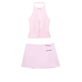Fongt Women's ZA Summer New Bow Ornament Hanging Neck Vest Skirt Suit