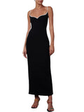 Women Sleeveless Strap Long Dress Black Patchwork V-neck Low Cut Slim Summer Party Back Split Dresses Female Vestidos-Outfit