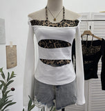 Fongt Shooting With Hanging Neck Leopard Print Splicing Two Long-Sleeved Tops A Short Shoulder Bottom T-Shirt 28787