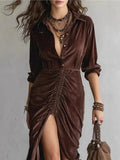 Fongt 2025 Fashion Button Folded Velvet Long-Sleeved Shirt Dress