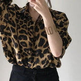 Fongt Chic Autumn Vintage Leopard Print Collar Single Buckle Loose Leisure Long-Sleeved Shirt Topess