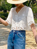 Fongt Three-Dimensional Flower Embroidery French Small Fragrant Suit Women's Short-Sleeved White Top Skirt Suit Shenzhen South Oil Women's