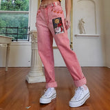 Pink Women‘s Jeans Pants Mid-waist Sun Star Pattern Young Girl Denim Trousers Summer Autumn Female Cute Jeans