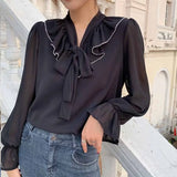 White Bow 2023 Sweet Chiffon Blouses Loose Tops Korean Flare Long Sleeve Shirts Women Autumn Female Ropa De Mujer