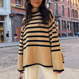 Fongt 2023 New Explosion Women's High-Collar Knitted Striped Opener