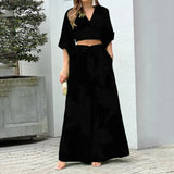 Fongt Women's V-Neck Lantern Sleeve Long Sleeve Short Top Broad Leg Trousers Fashion Suit Women's Two-Piece